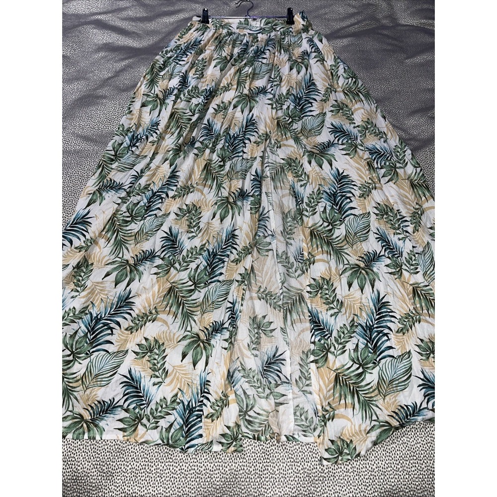 Francescas Mi Ami Green Boho Tropical Flowing Relaxed Skirt Maxi Slit Womens XS